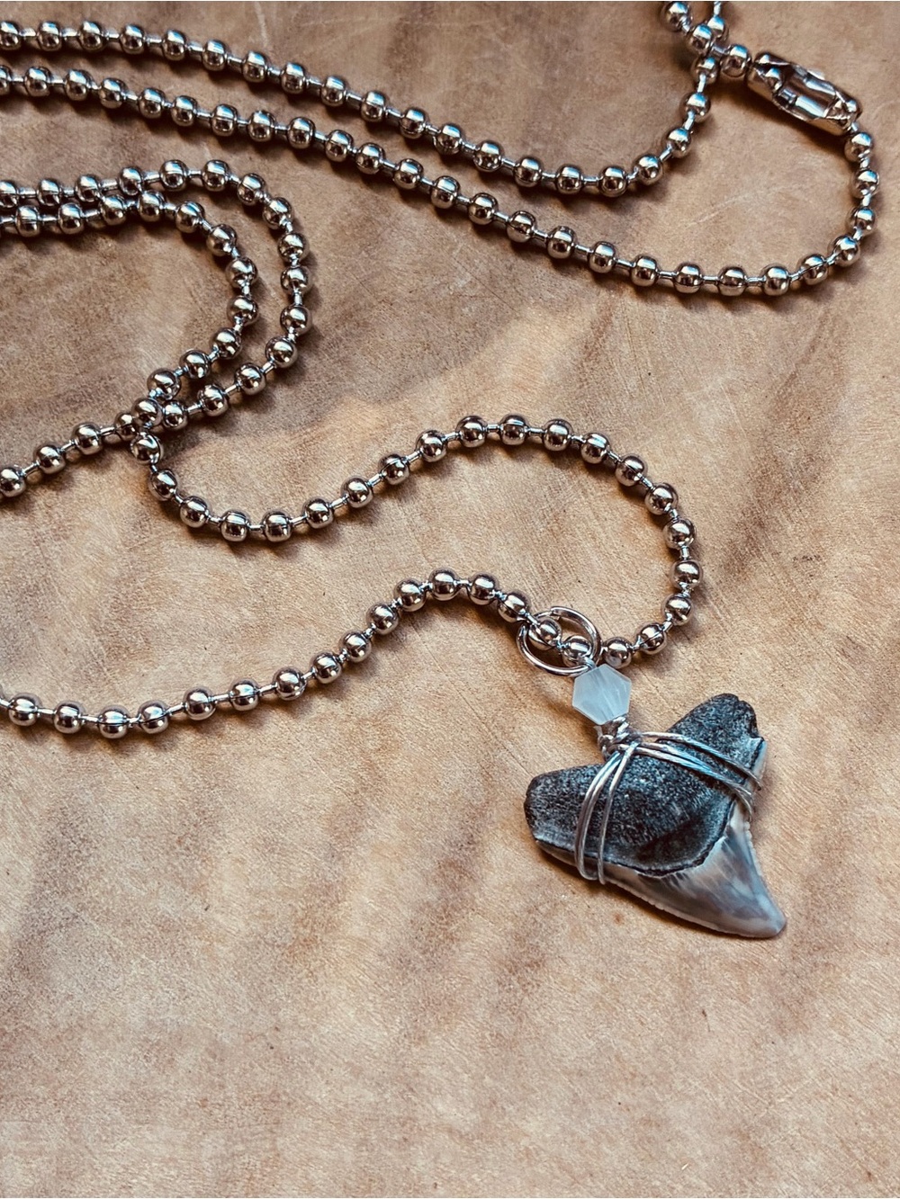 Authentic Bull Shark Tooth Necklace Hand Wire Wrapped Crystal Ball Chain Teeth
